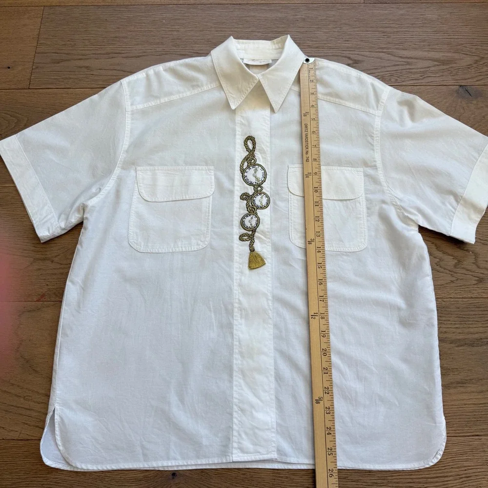 Vintage Gottex‎ White Short Sleeve Button Up Shirt Pocket Watch Embroidery L